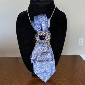 Elegant Blue Paisley silk tie Necklace with Silver tone chain